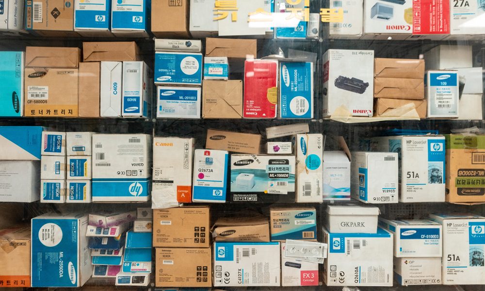 Boxes stacked on shelves